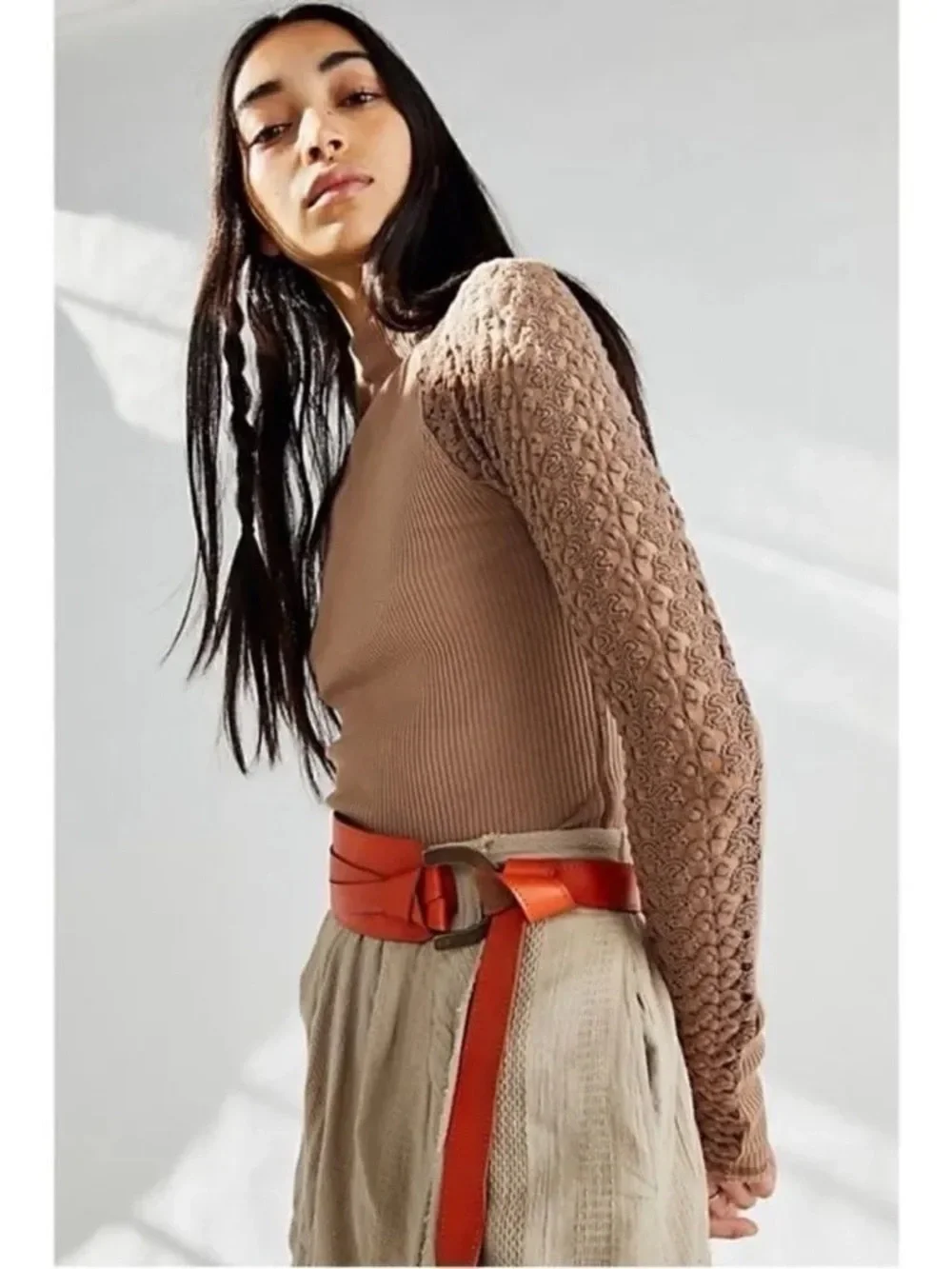 Free People Clemente Mock Neck Lace Sleeve Thermal Top Tan Beige Women Size XL